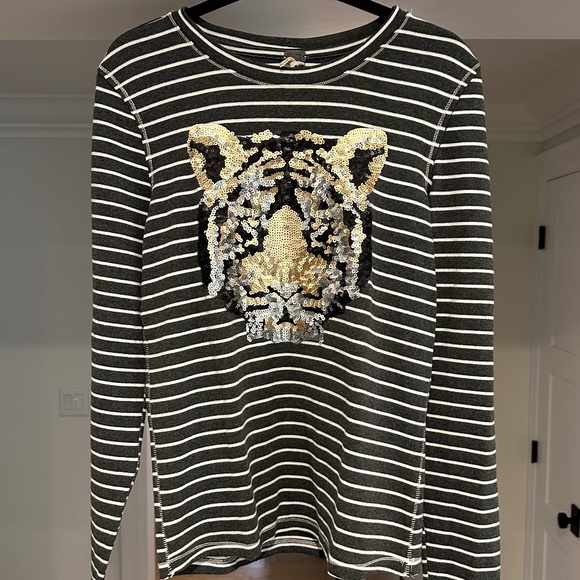 FREE PEOPLE Grey & White Striped Longsleeve Tee with Sequin Tiger - Size L - Picture 2 of 15